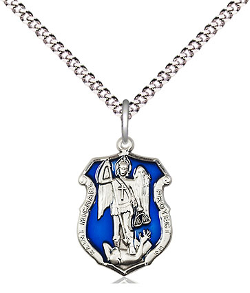 Sterling Silver Saint Michael the Archangel Shield Pendant on a 18 inch Light Rhodium Light Curb chain