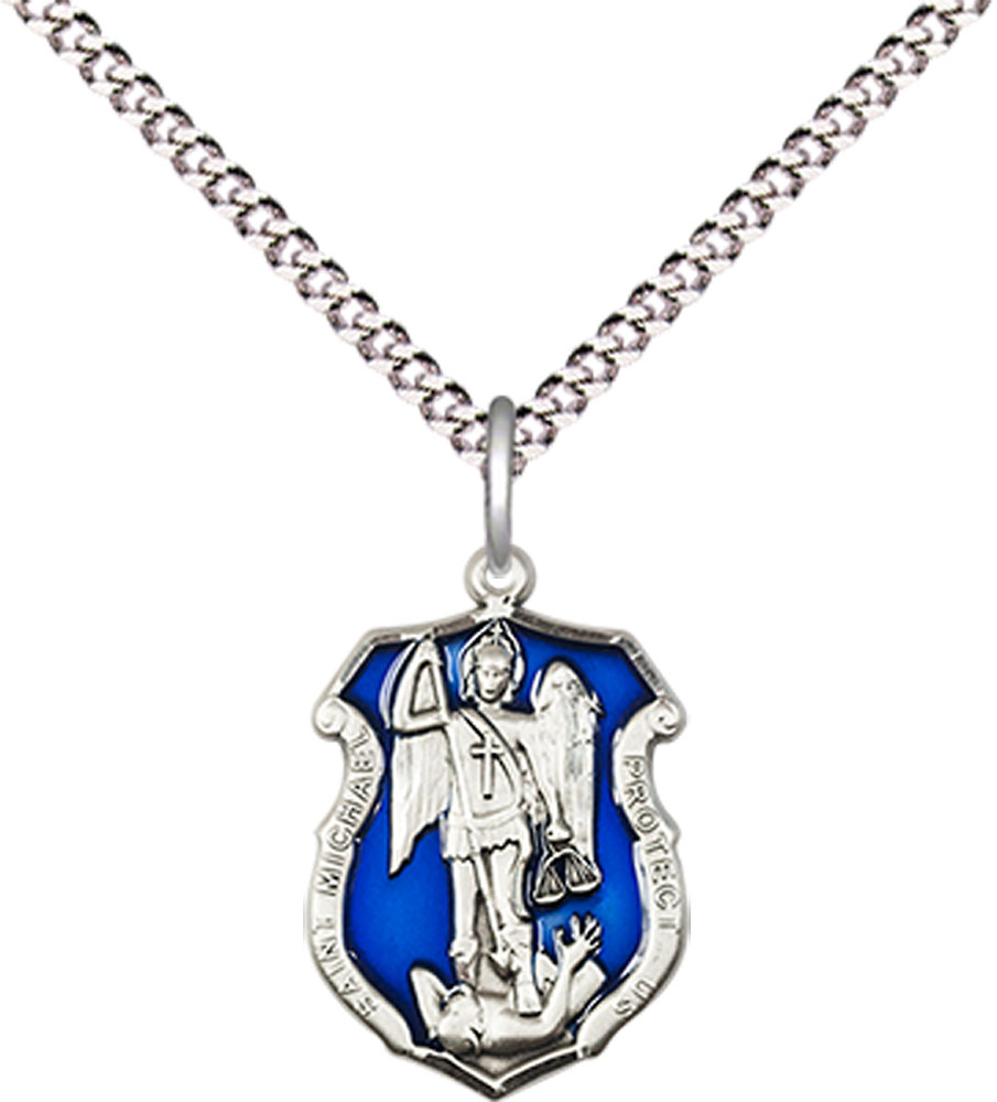 Sterling Silver Saint Michael the Archangel Shield Pendant on a 18 inch Light Rhodium Light Curb chain