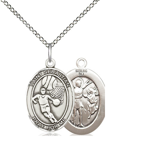 Sterling Silver Saint Sebastian Basketball Pendant on a 18 inch Sterling Silver Light Curb chain