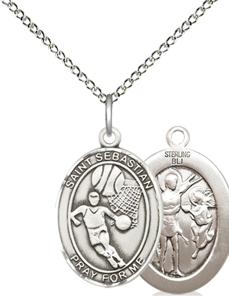 Sterling Silver Saint Sebastian Basketball Pendant on a 18 inch Sterling Silver Light Curb chain