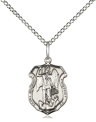 Sterling Silver Saint Michael the Archangel Shield Pendant on a 18 inch Sterling Silver Light Curb chain