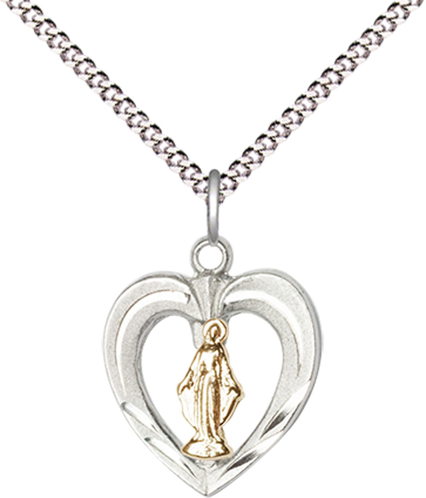 Two-Tone GF/SS Heart / Miraculous Pendant on a 18 inch Light Rhodium Light Curb chain
