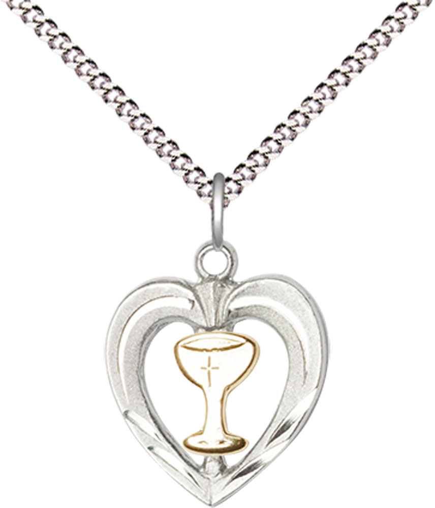Two-Tone GF/SS Heart / Chalice Pendant on a 18 inch Light Rhodium Light Curb chain