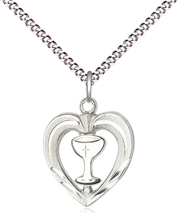 Sterling Silver Heart / Chalice Pendant on a 18 inch Light Rhodium Light Curb chain