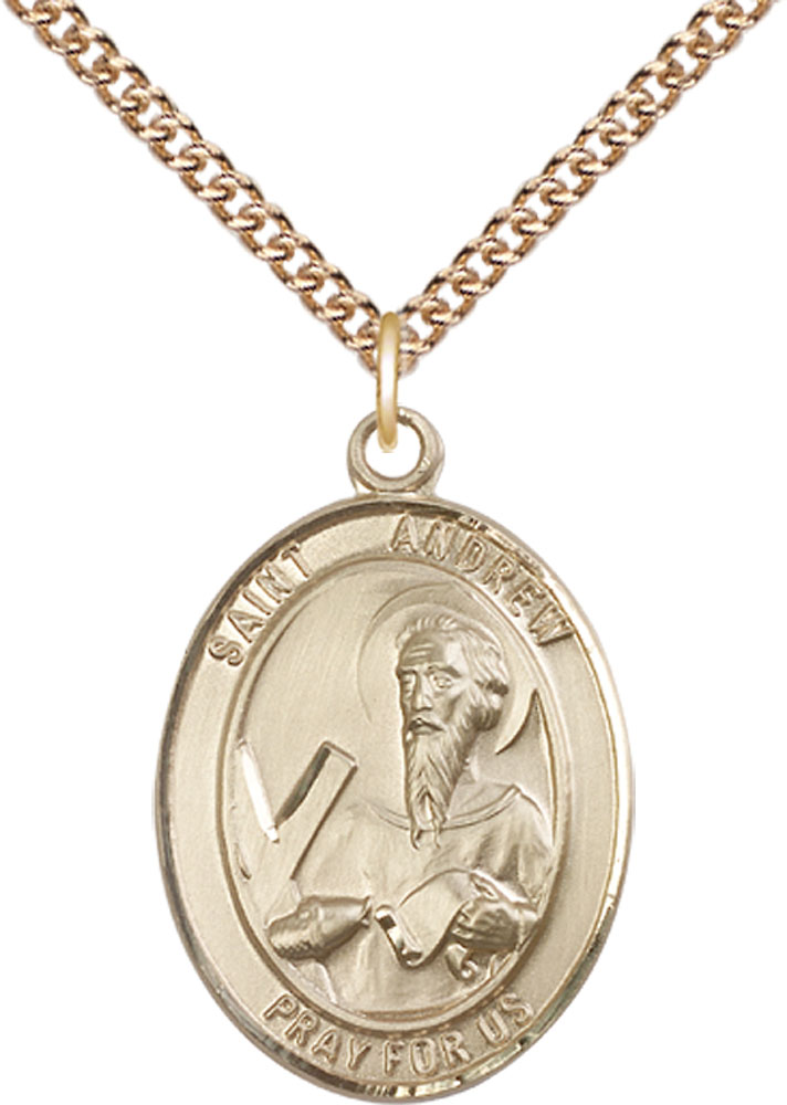 14kt Gold Filled Saint Andrew the Apostle Pendant on a 24 inch Gold Filled Heavy Curb chain
