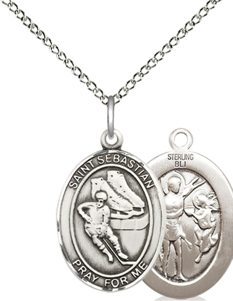 Sterling Silver Saint Sebastian Hockey Pendant on a 18 inch Sterling Silver Light Curb chain