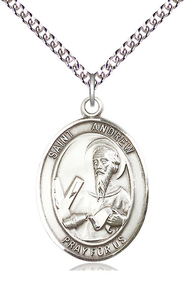 Sterling Silver Saint Andrew the Apostle Pendant on a 24 inch Sterling Silver Heavy Curb chain