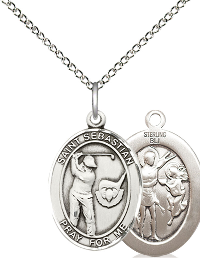 Sterling Silver Saint Sebastian Golf Pendant on a 18 inch Sterling Silver Light Curb chain