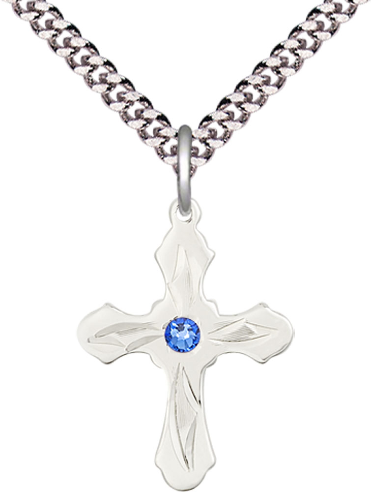 Sterling Silver Cross Pendant with a 3mm Sapphire Swarovski stone on a 24 inch Light Rhodium Heavy Curb chain