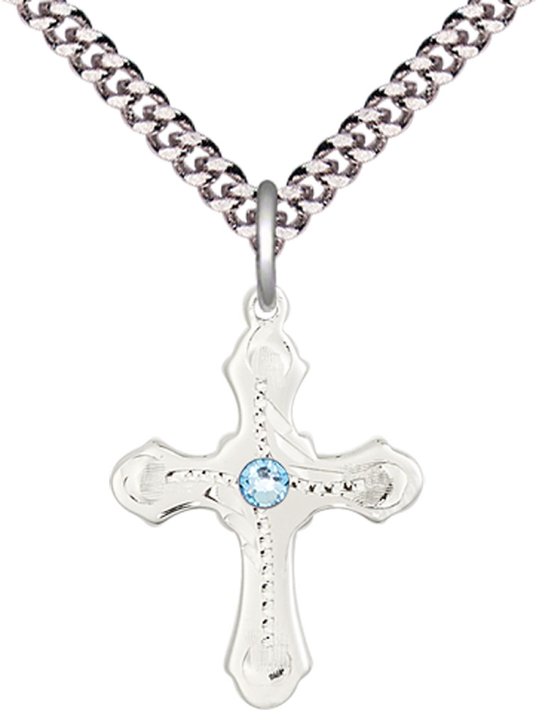 Sterling Silver Cross Pendant with a 3mm Aqua Swarovski stone on a 24 inch Light Rhodium Heavy Curb chain