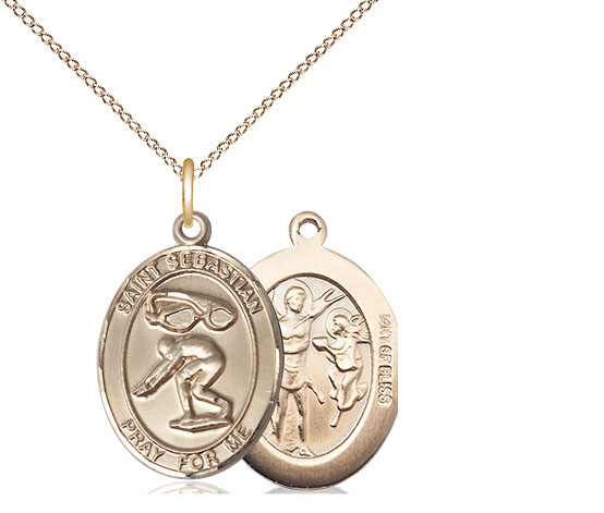 14kt Gold Filled Saint Sebastian Swimming Pendant on a 18 inch Gold Filled Light Curb chain