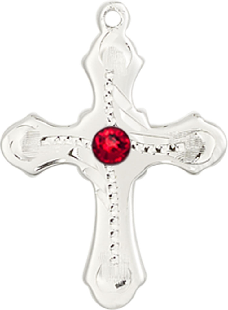 Sterling Silver Cross Medal with a 3mm Ruby Swarovski stone