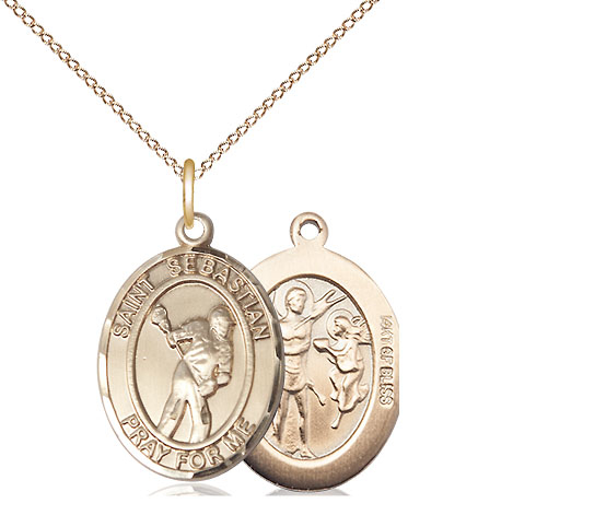 14kt Gold Filled Saint Sebastian Lacrosse Pendant on a 18 inch Gold Filled Light Curb chain