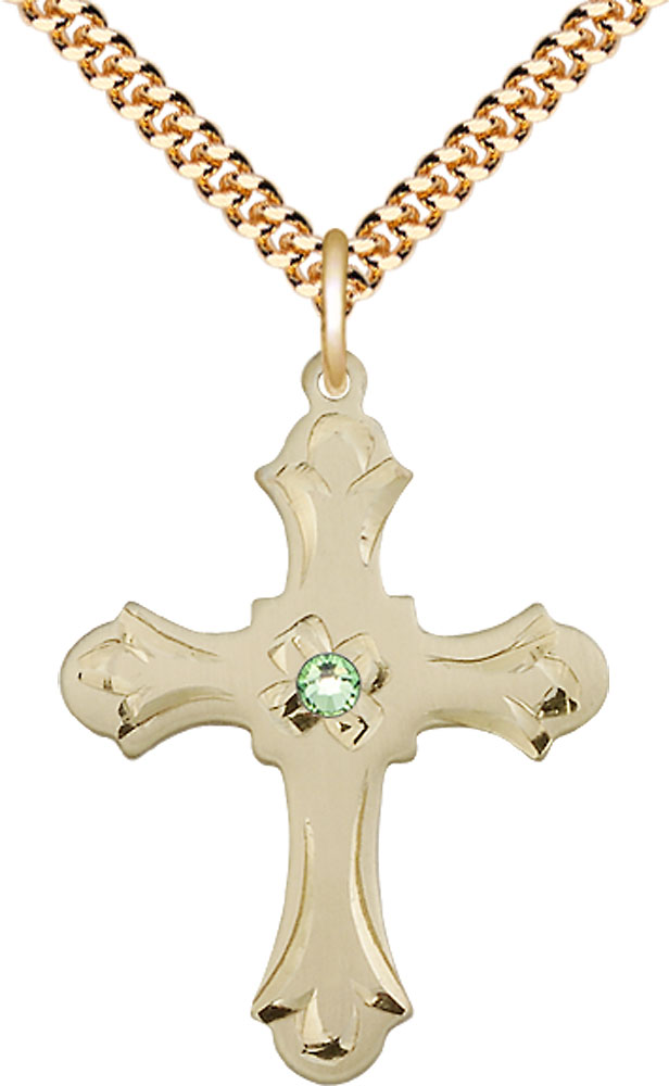 14kt Gold Filled Cross Pendant with a 3mm Peridot Swarovski stone on a 24 inch Gold Plate Heavy Curb chain