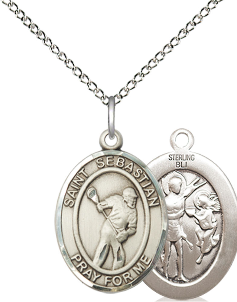 Sterling Silver Saint Sebastian Lacrosse Pendant on a 18 inch Sterling Silver Light Curb chain