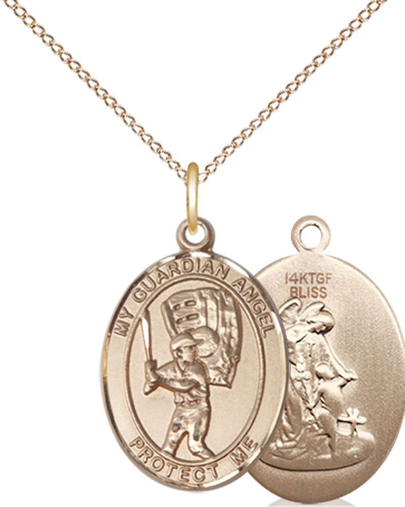 14kt Gold Filled Guardian Angel Baseball Pendant on a 18 inch Gold Filled Light Curb chain