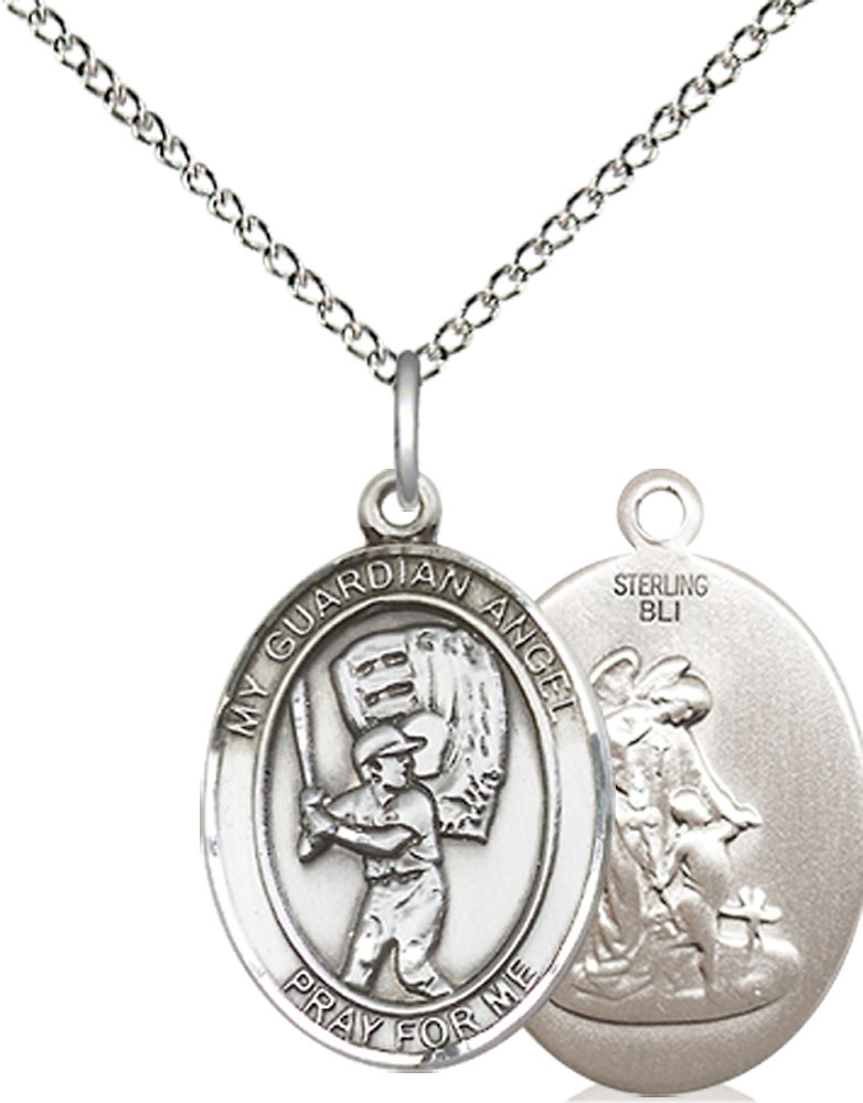 Sterling Silver Guardian Angel Baseball Pendant on a 18 inch Sterling Silver Light Curb chain