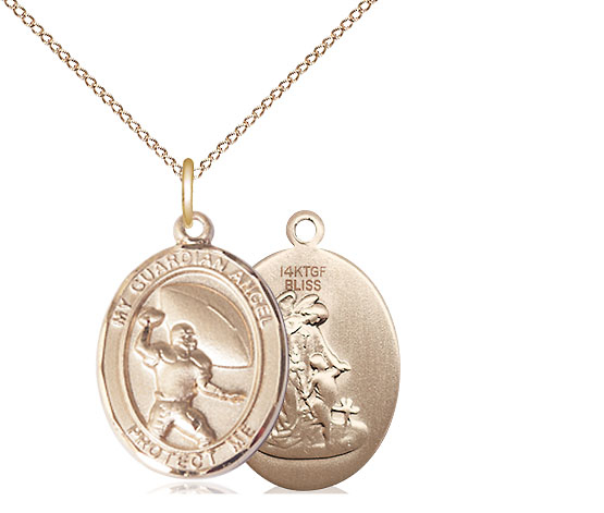 14kt Gold Filled Guardian Angel Football Pendant on a 18 inch Gold Filled Light Curb chain