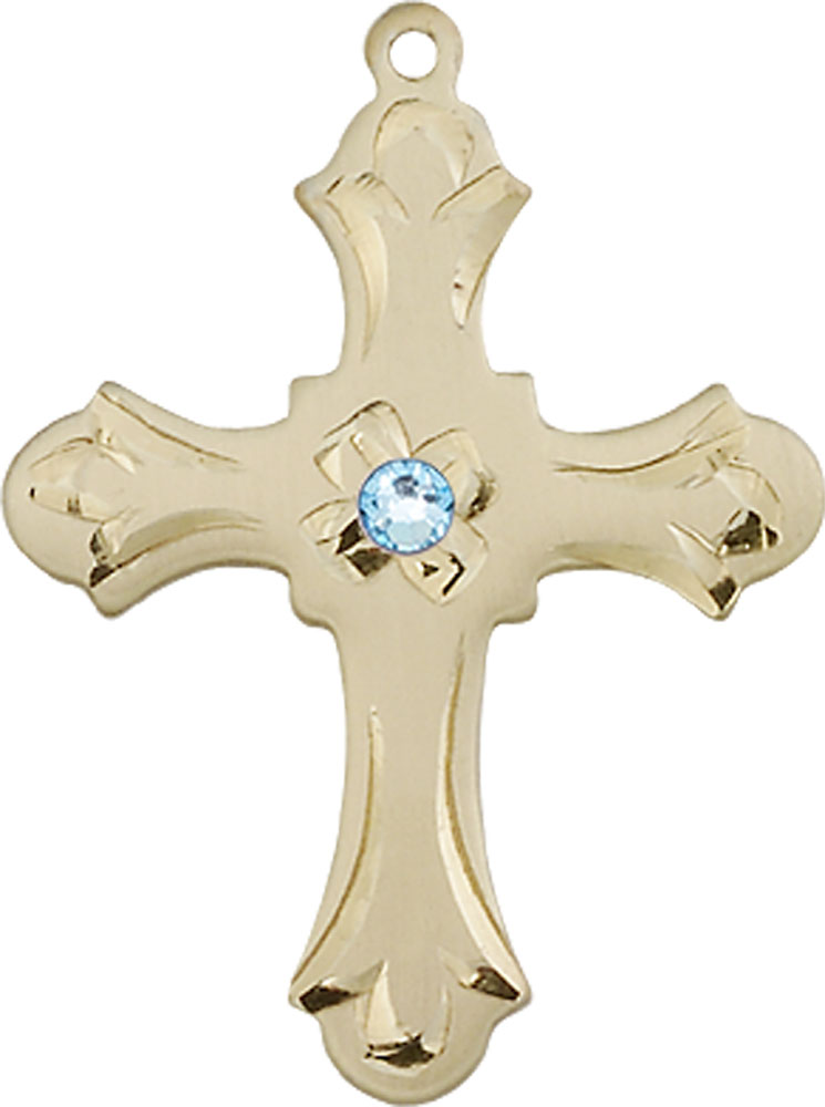 14kt Gold Cross Medal with a 3mm Aqua Swarovski stone