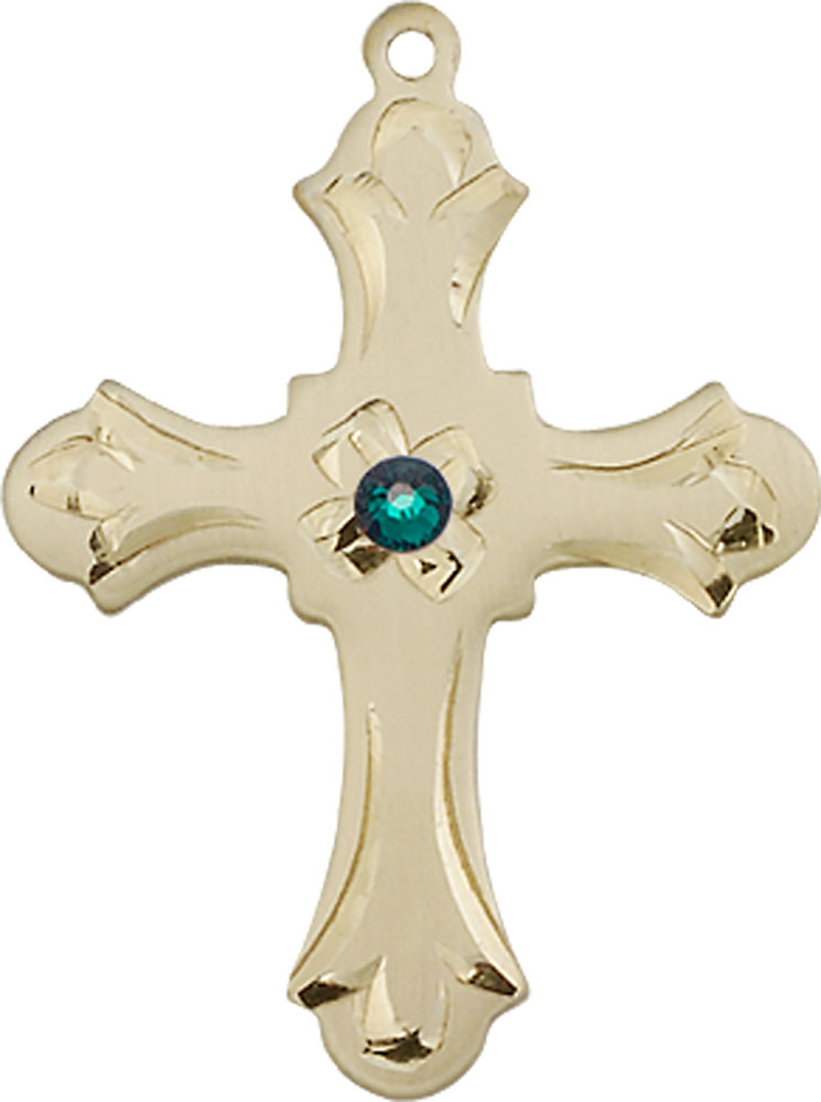 14kt Gold Cross Medal with a 3mm Emerald Swarovski stone