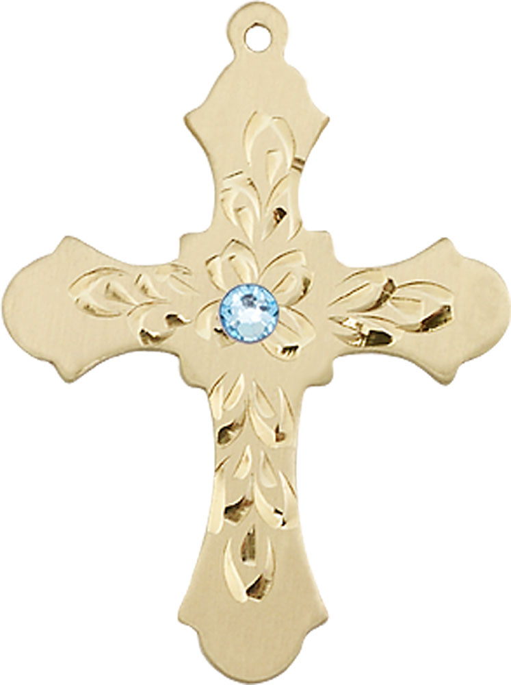 14kt Gold Cross Medal with a 3mm Aqua Swarovski stone