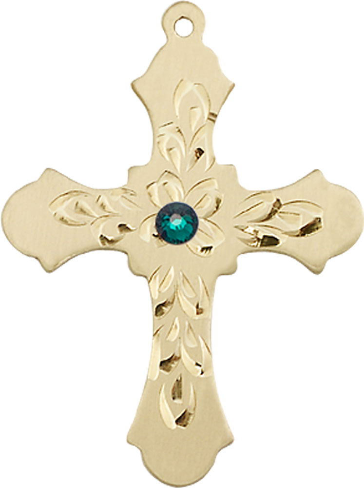 14kt Gold Cross Medal with a 3mm Emerald Swarovski stone