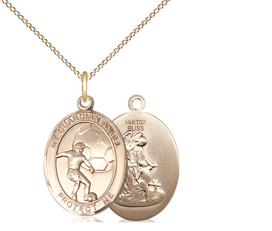 14kt Gold Filled Guardian Angel Soccer Pendant on a 18 inch Gold Filled Light Curb chain