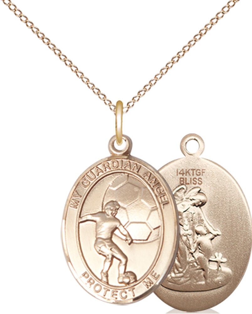 14kt Gold Filled Guardian Angel Soccer Pendant on a 18 inch Gold Filled Light Curb chain