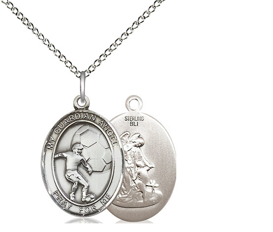 Sterling Silver Guardian Angel Soccer Pendant on a 18 inch Sterling Silver Light Curb chain