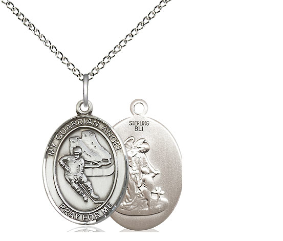Sterling Silver Guardian Angel Hockey Pendant on a 18 inch Sterling Silver Light Curb chain
