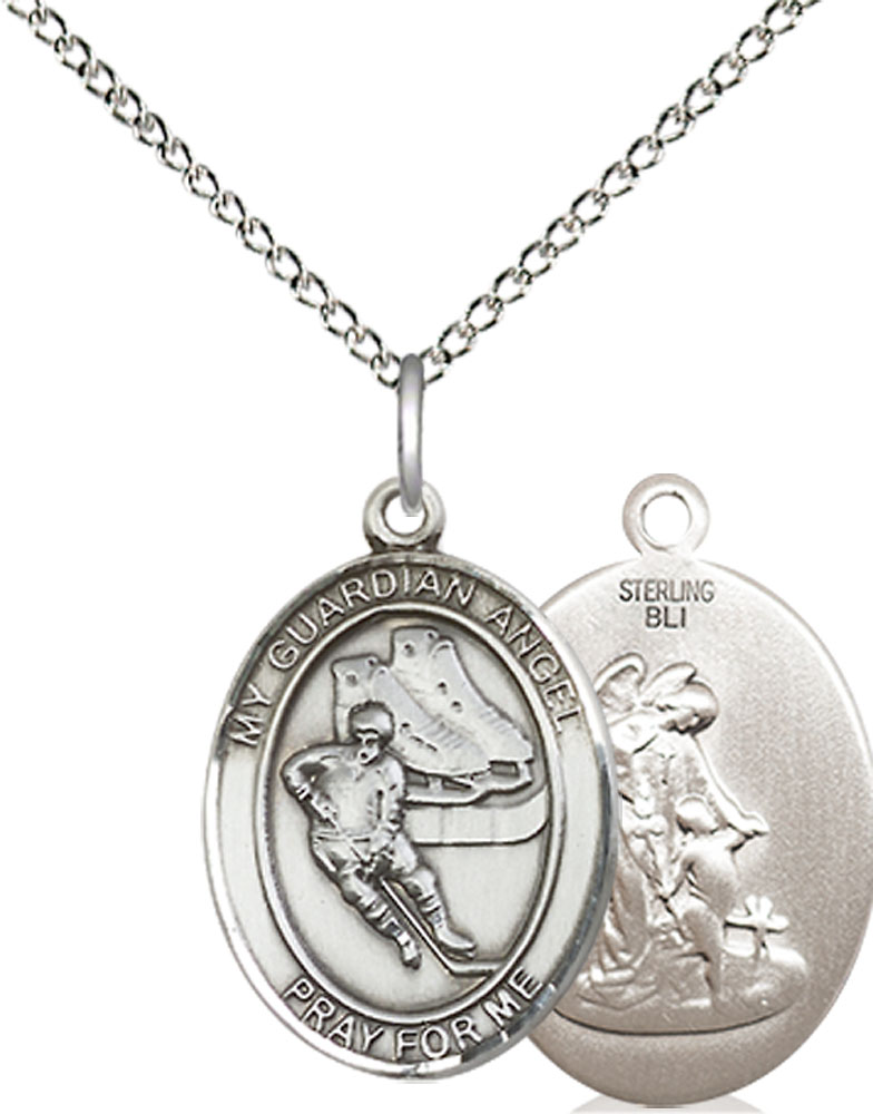 Sterling Silver Guardian Angel Hockey Pendant on a 18 inch Sterling Silver Light Curb chain