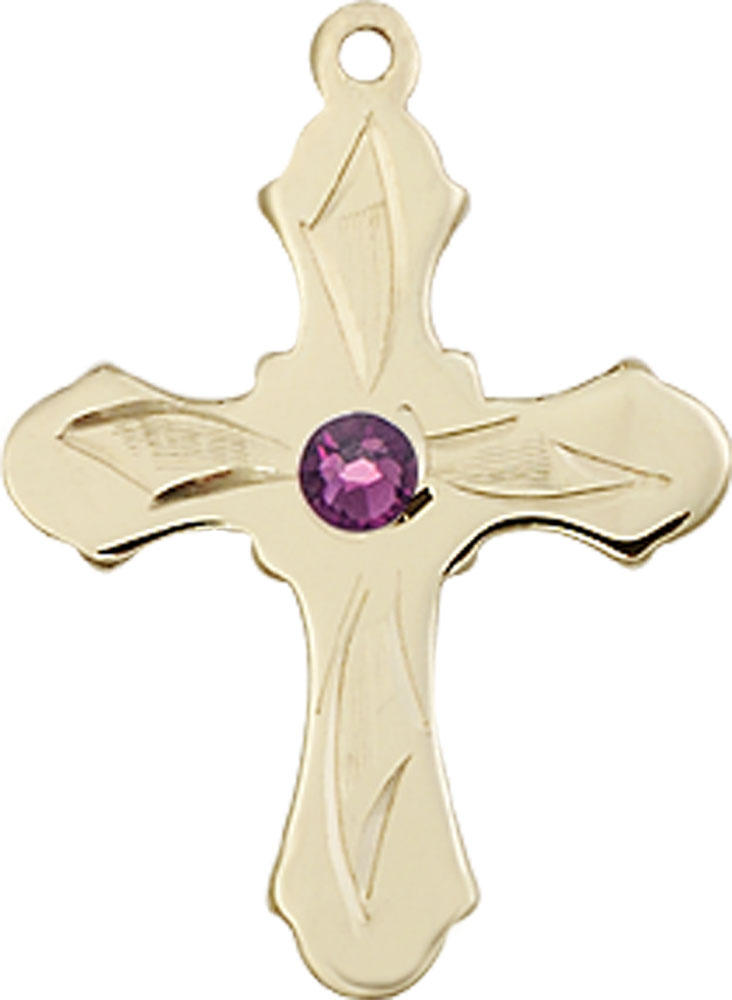 14kt Gold Cross Medal with a 3mm Amethyst Swarovski stone