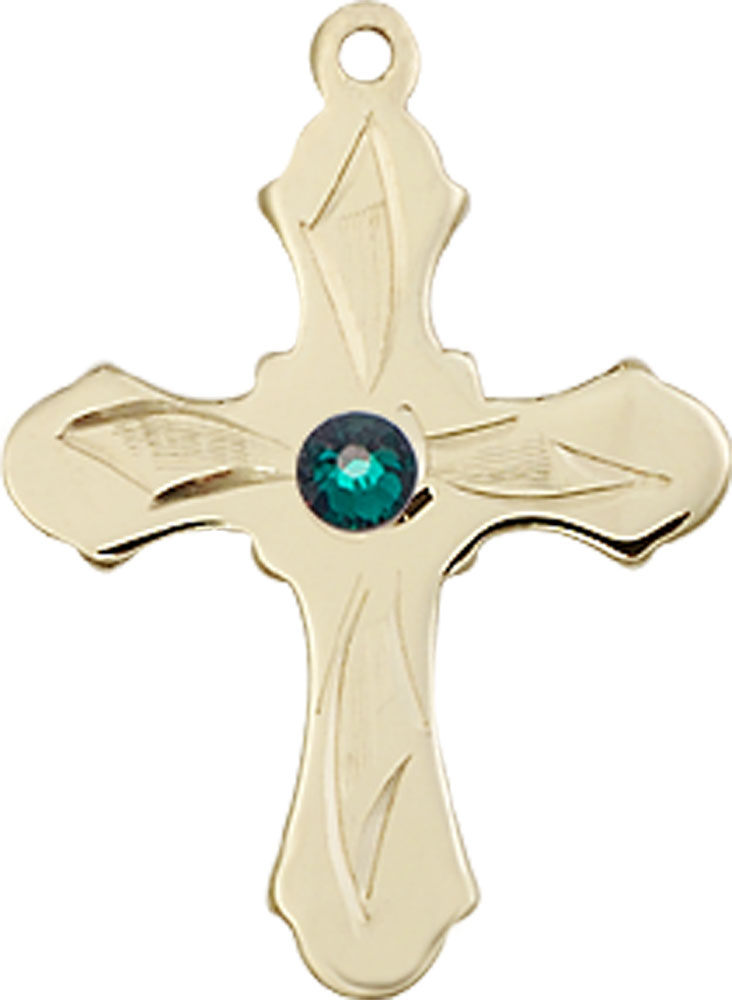 14kt Gold Cross Medal with a 3mm Emerald Swarovski stone