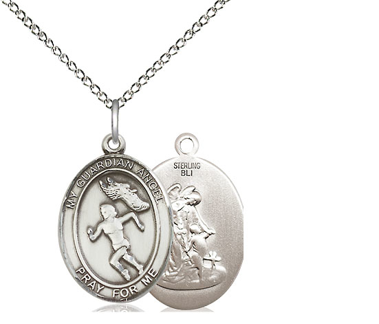Sterling Silver Guardian Angel Track&amp;Field Pendant on a 18 inch Sterling Silver Light Curb chain
