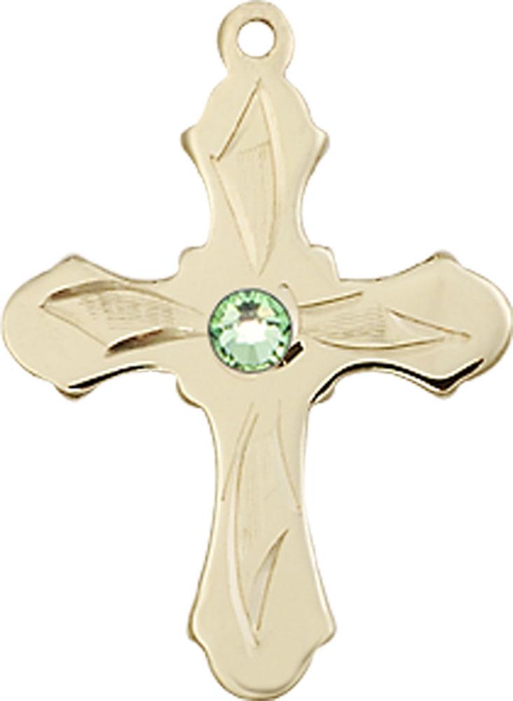 14kt Gold Cross Medal with a 3mm Peridot Swarovski stone