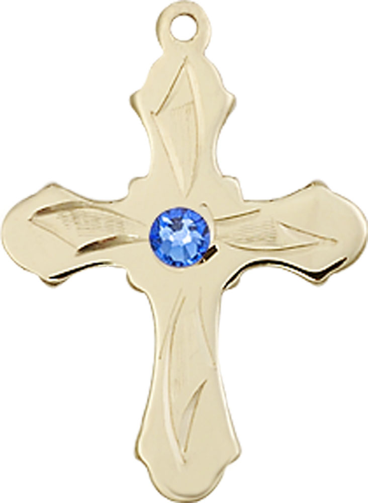 14kt Gold Cross Medal with a 3mm Sapphire Swarovski stone