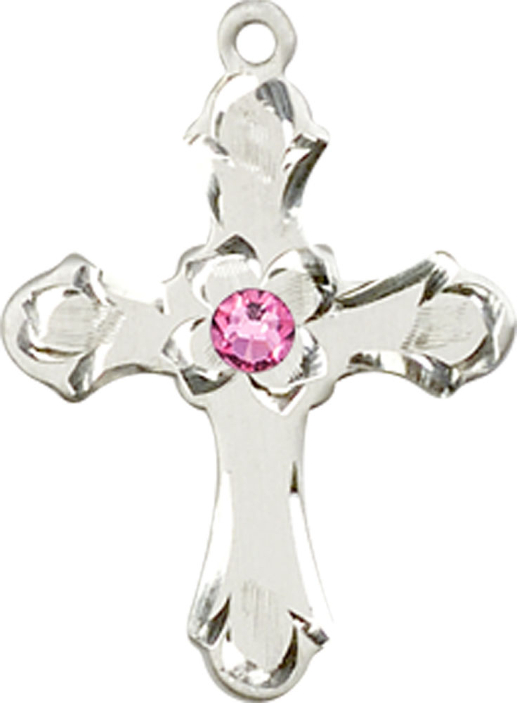 Sterling Silver Cross Medal with a 3mm Rose Swarovski stone
