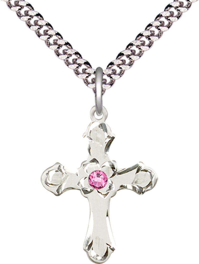 Sterling Silver Cross Pendant with a 3mm Rose Swarovski stone on a 24 inch Light Rhodium Heavy Curb chain