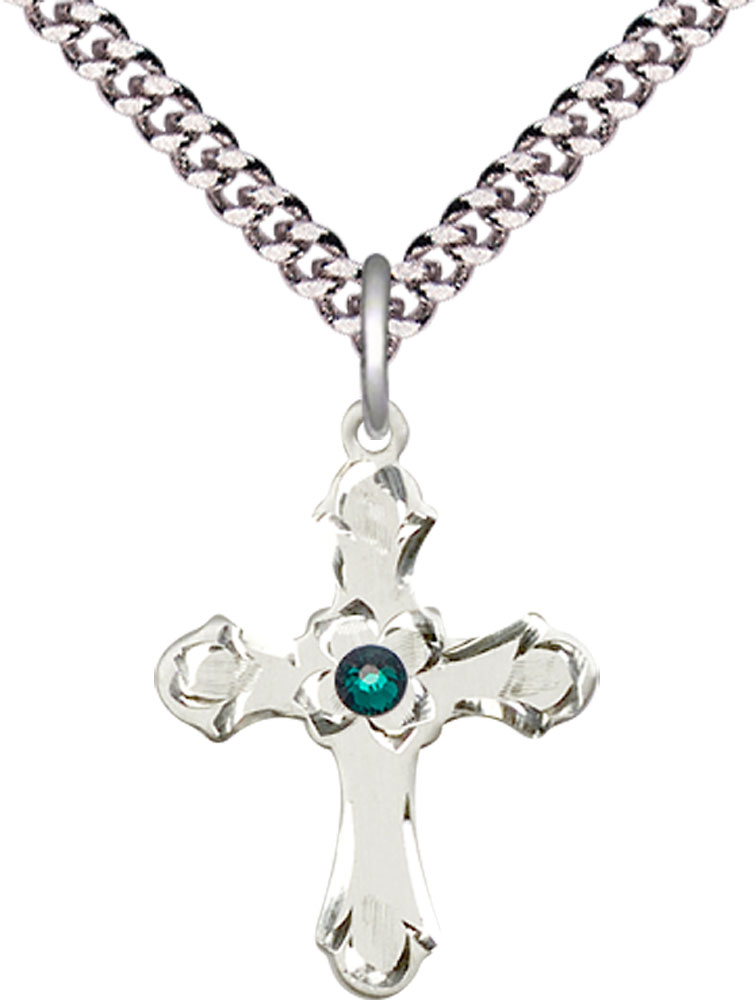Sterling Silver Cross Pendant with a 3mm Emerald Swarovski stone on a 24 inch Light Rhodium Heavy Curb chain