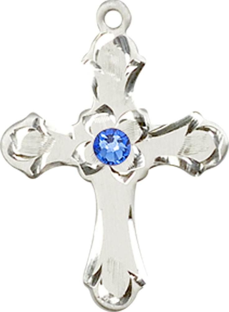 Sterling Silver Cross Medal with a 3mm Sapphire Swarovski stone