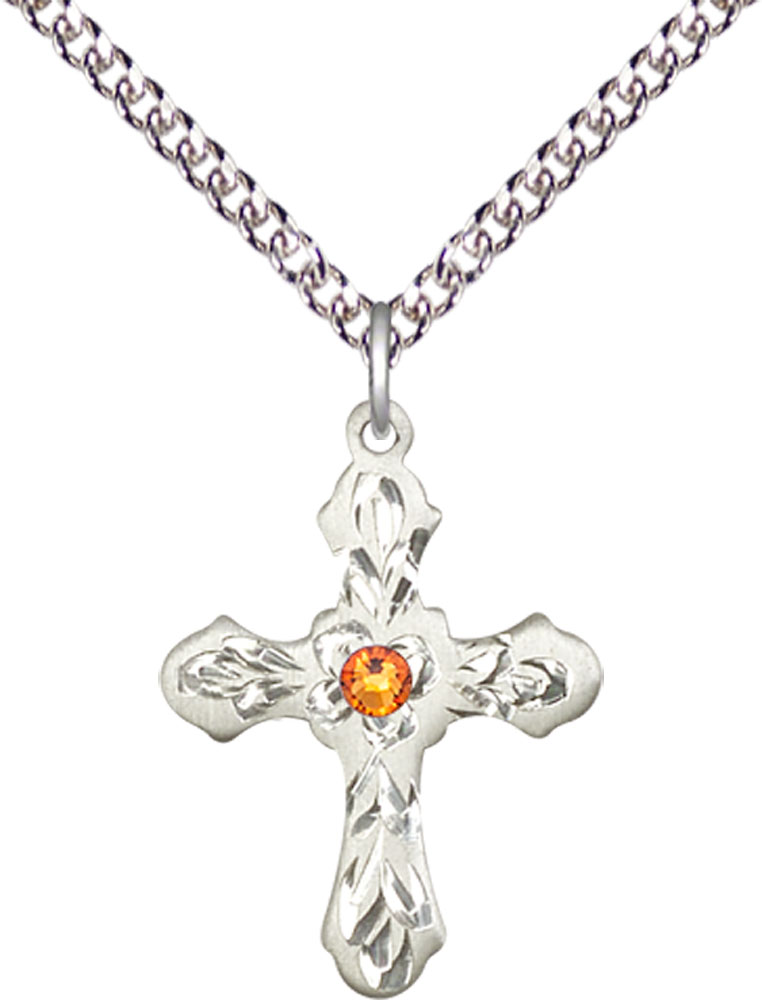 Sterling Silver Cross Pendant with a 3mm Topaz Swarovski stone on a 24 inch Sterling Silver Heavy Curb chain