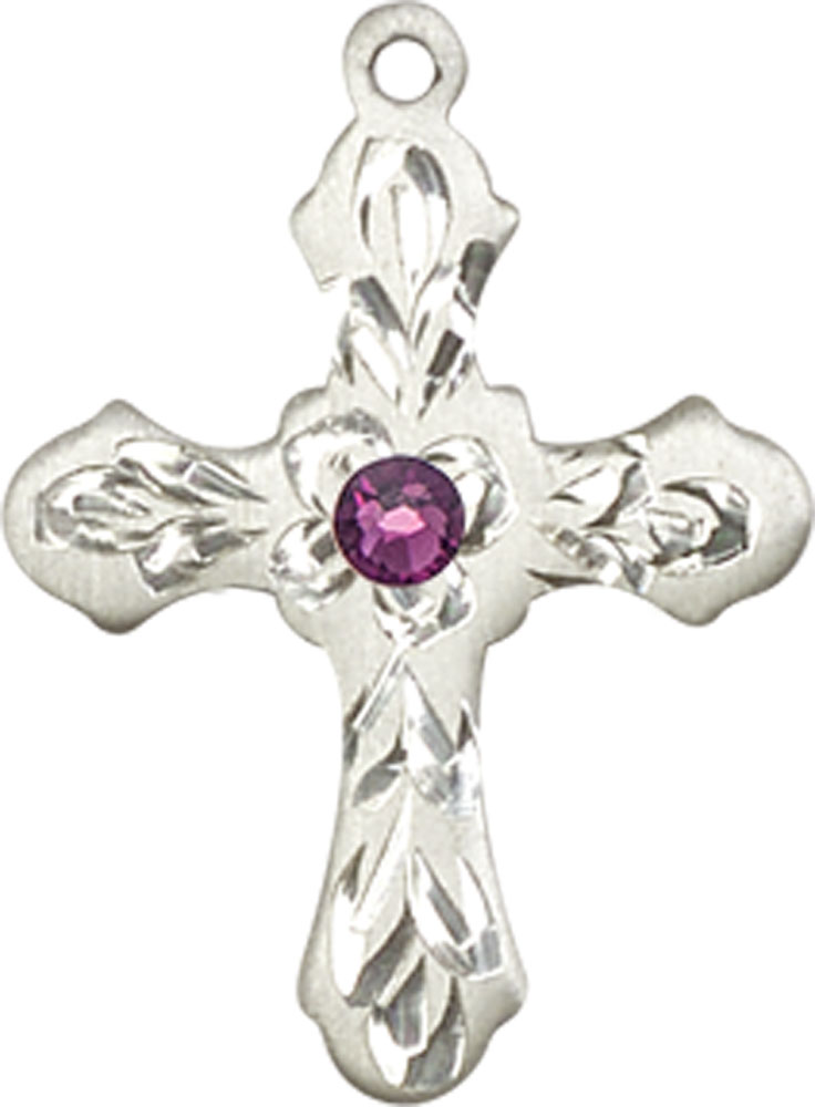 Sterling Silver Cross Medal with a 3mm Amethyst Swarovski stone