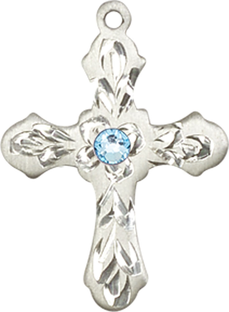 Sterling Silver Cross Medal with a 3mm Aqua Swarovski stone