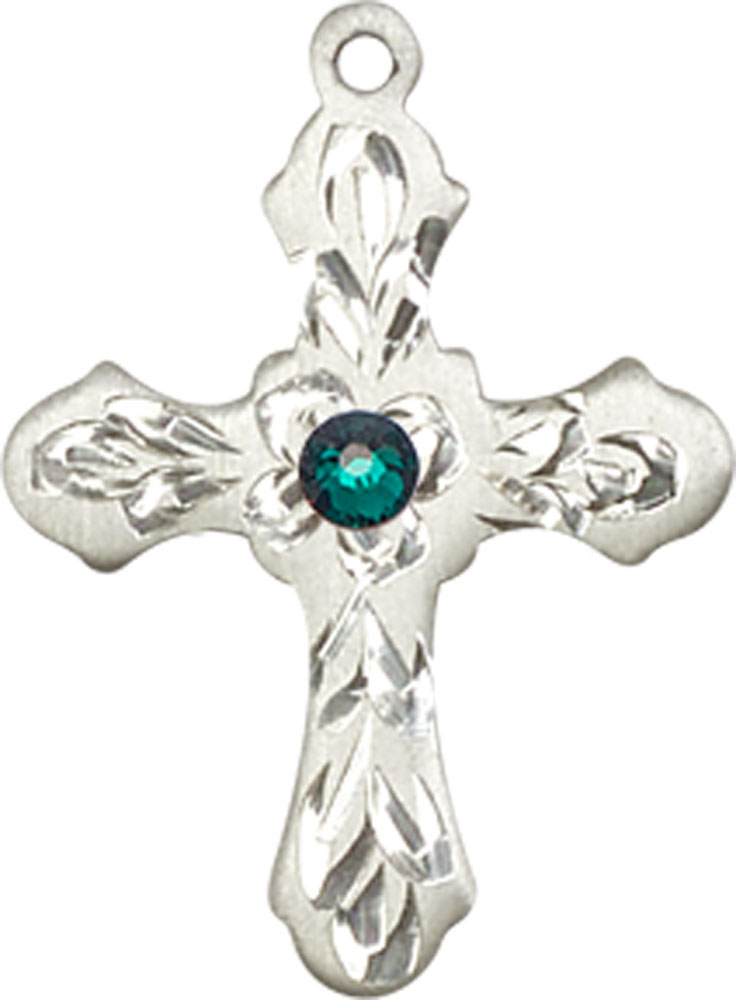 Sterling Silver Cross Medal with a 3mm Emerald Swarovski stone