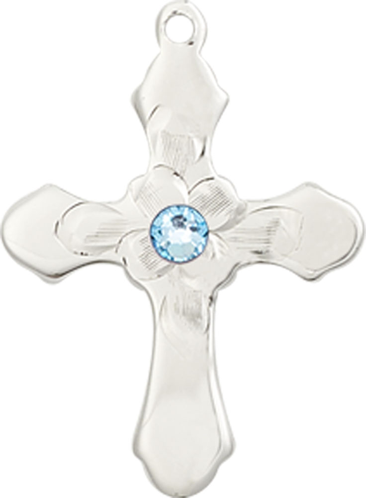 Sterling Silver Cross Medal with a 3mm Aqua Swarovski stone