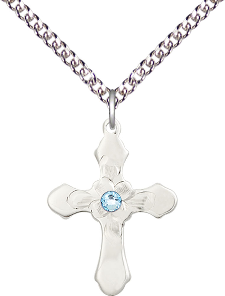 Sterling Silver Cross Pendant with a 3mm Aqua Swarovski stone on a 24 inch Sterling Silver Heavy Curb chain