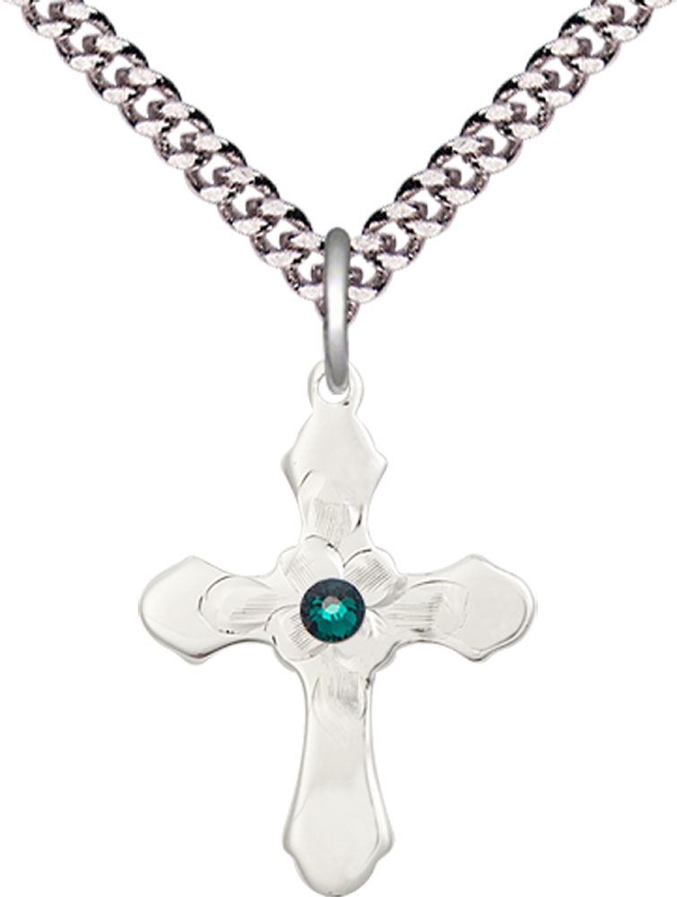 Sterling Silver Cross Pendant with a 3mm Emerald Swarovski stone on a 24 inch Light Rhodium Heavy Curb chain