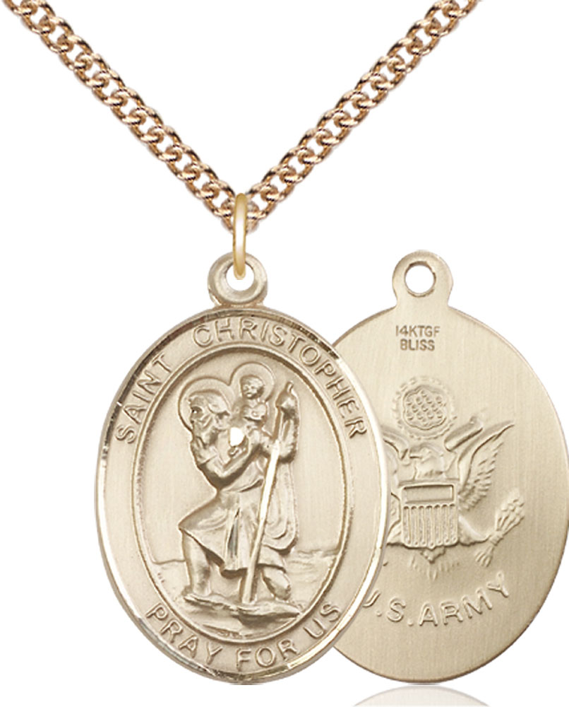 14kt Gold Filled Saint Christopher Army Pendant on a 24 inch Gold Filled Heavy Curb chain