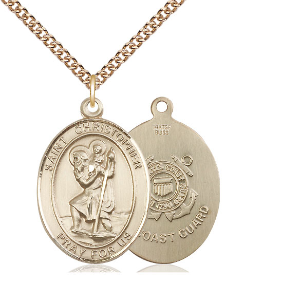 14kt Gold Filled Saint Christopher Coast Guard Pendant on a 24 inch Gold Filled Heavy Curb chain