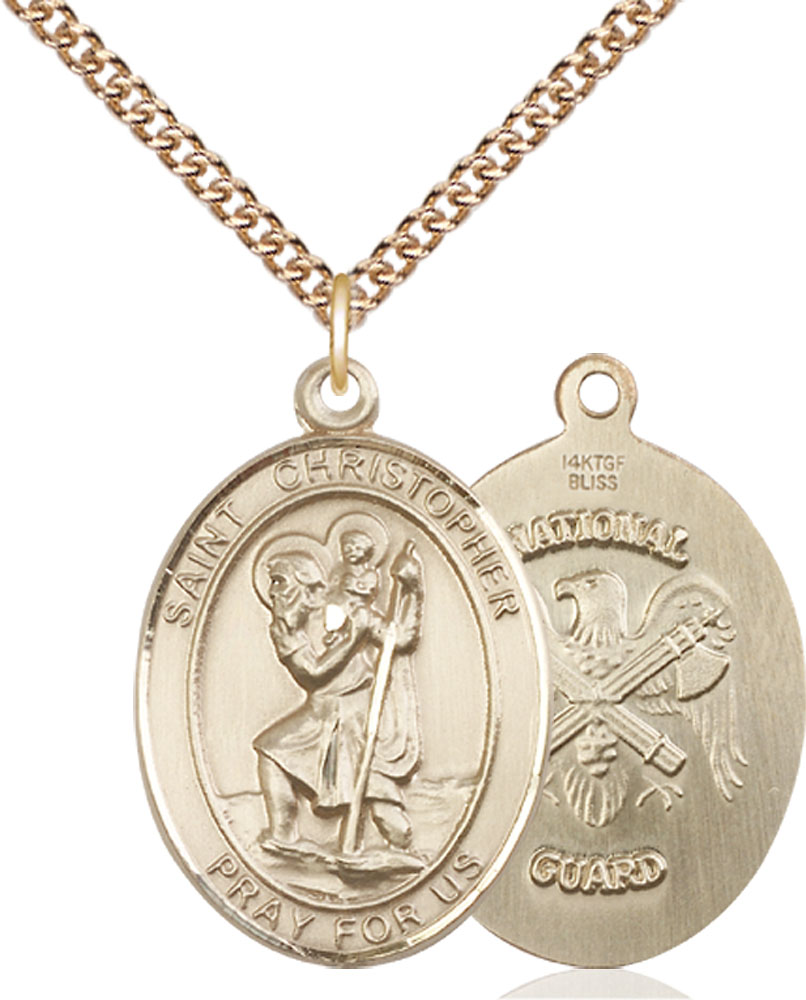 14kt Gold Filled Saint Christopher National Guard Pendant on a 24 inch Gold Filled Heavy Curb chain